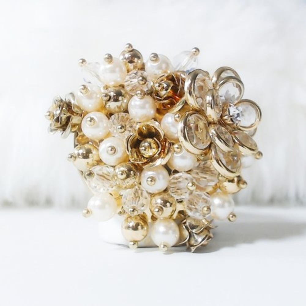 Gold Tone Pearl Crystal Cluster ring Free Size